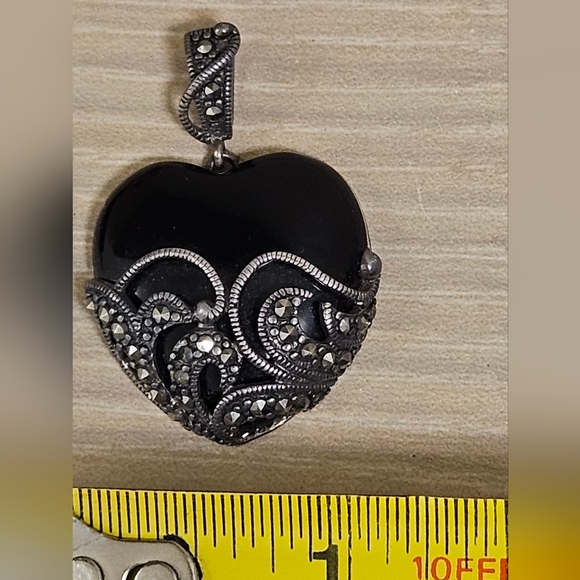 Onyx & Marcasite 3D Heart 925 Sterling Silver Pendant $245 - Picture 14 of 14